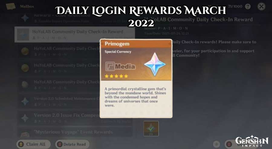 You are currently viewing Genshin Impact Daily Login Rewards March 2022